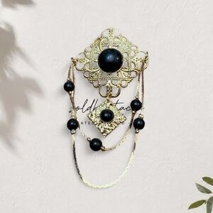 Gold Filigree Brooch Black Beaded Ornate Gothic Victorian Dangle Pin